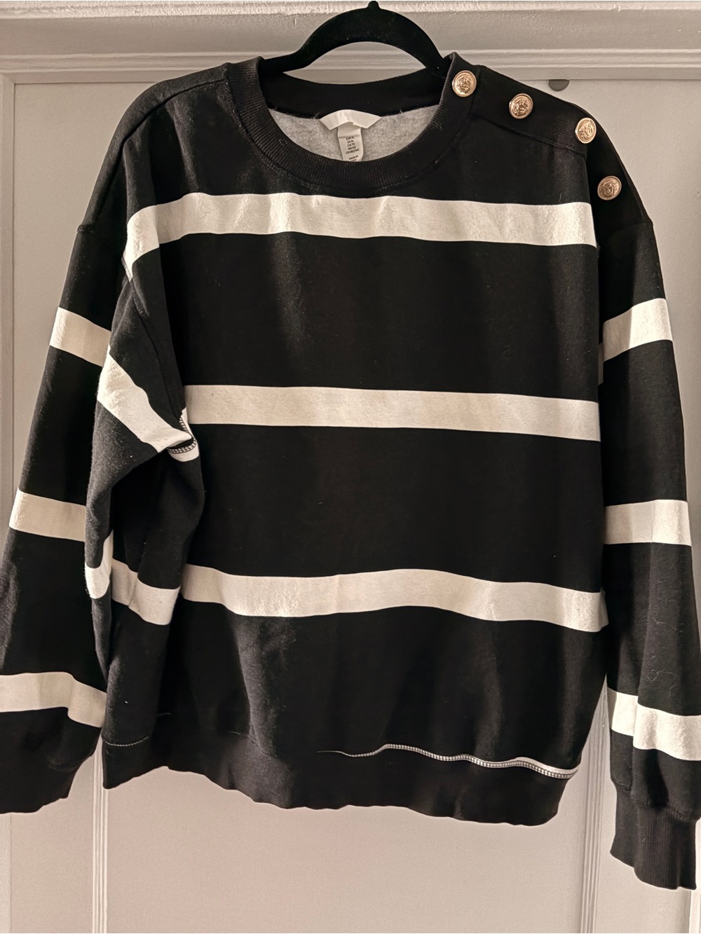 H&M Black & White Striped Crewneck Sweater with Gold Shoulder Buttons
